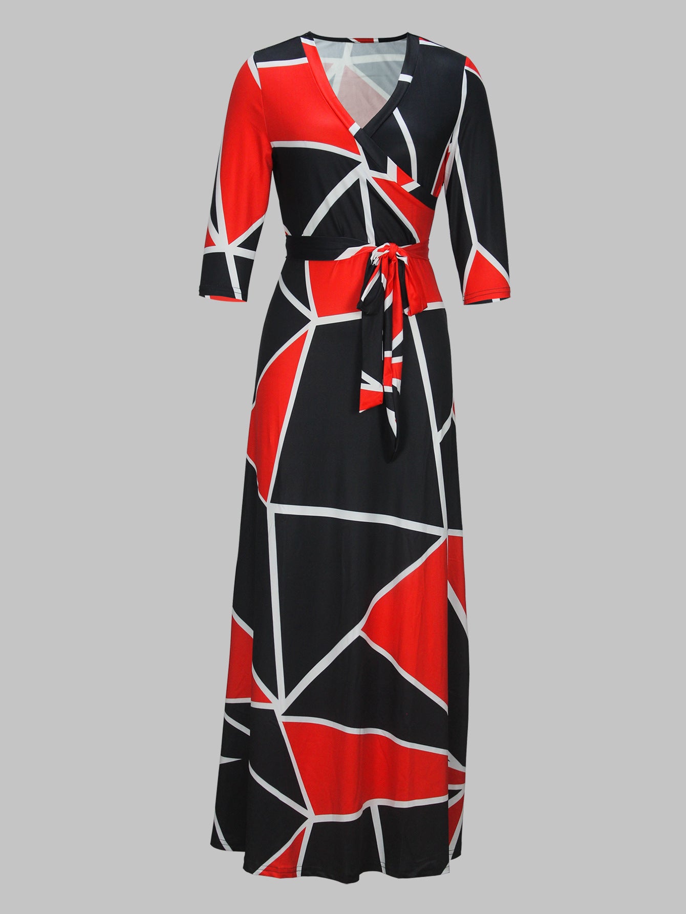 Spring & Autumn Women's Fashion Elegant Wrap V-Neck Half-Sleeve Print Belt Maxi Dress 90