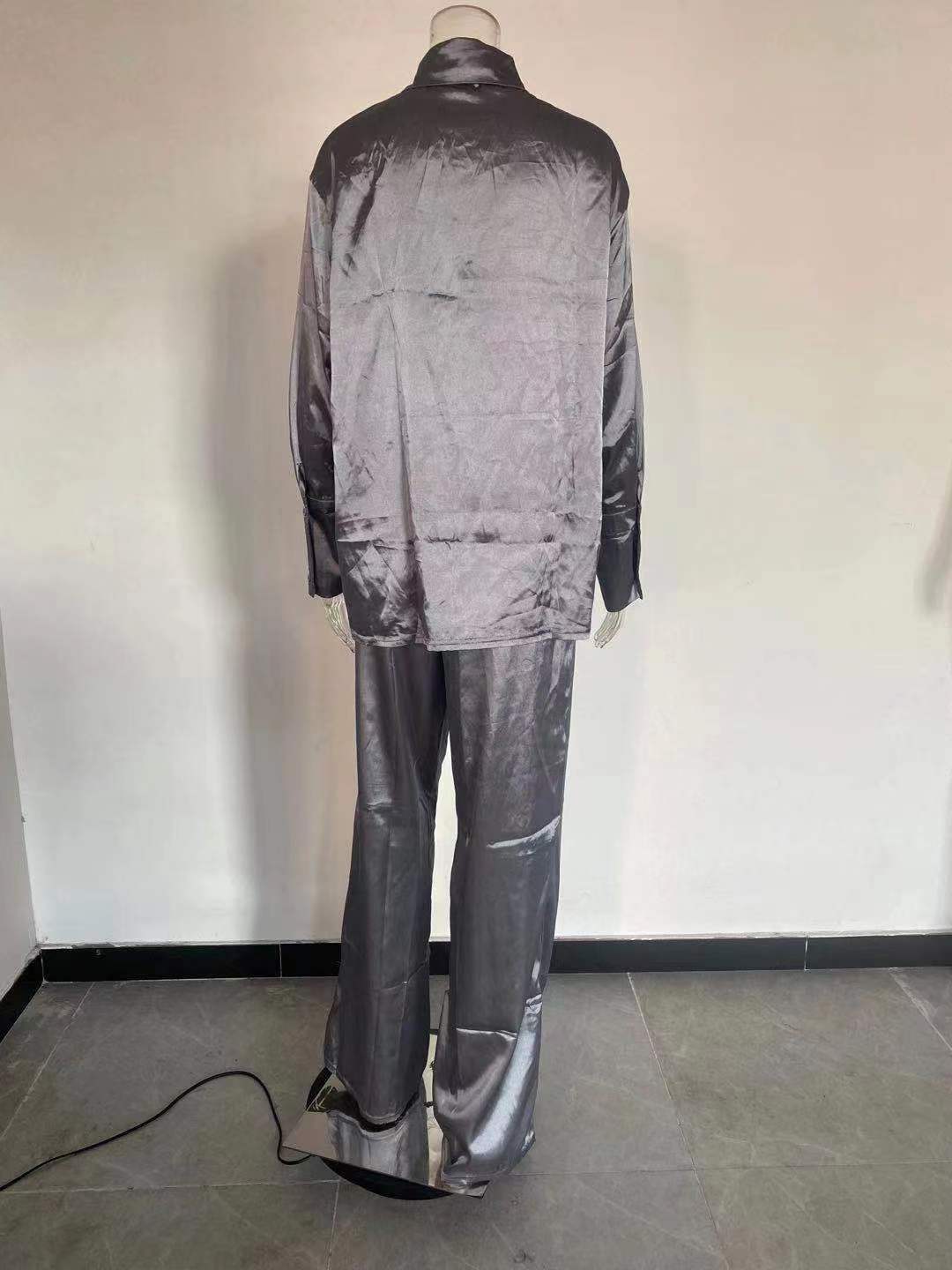 Solid Color Satin Long Sleeve Casual Two Piece Pants Set Trendy Lounge Wear 34