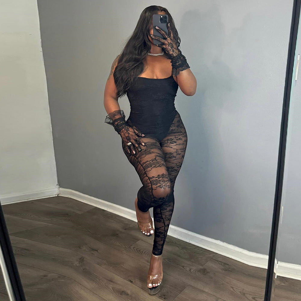 Sexy Autumn Women's strap See-Through mesh High Stretch tight slim jumpsuit 3