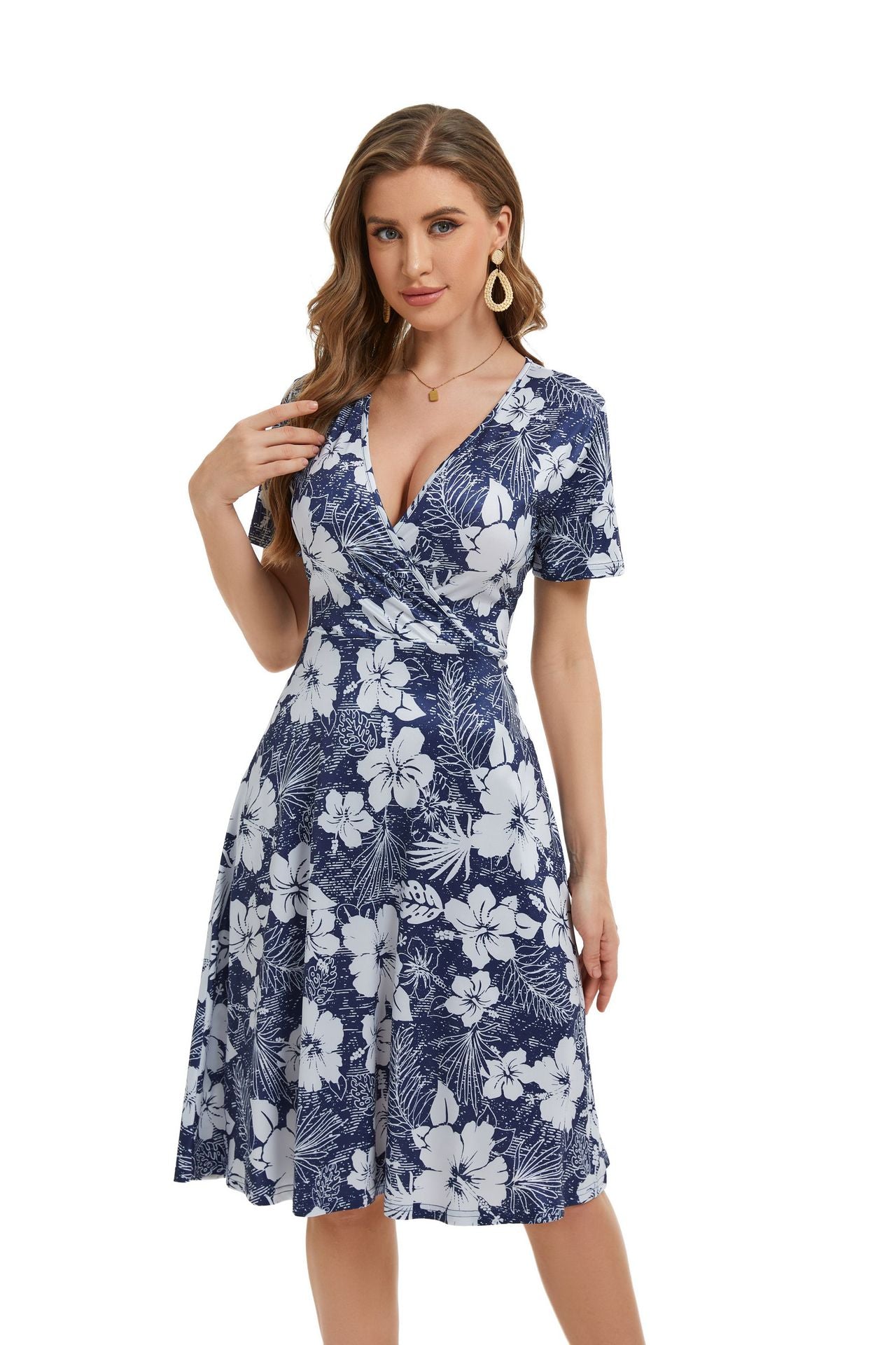 Sexy Fashion Print V-Neck Short Sleeve Women's Dress