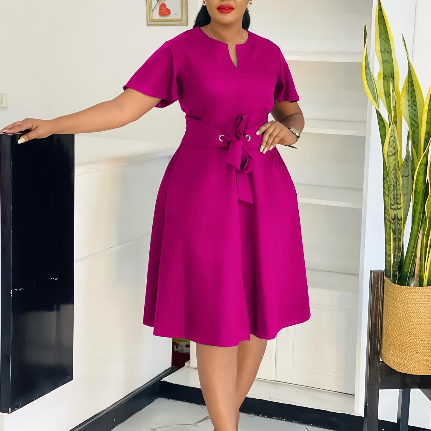 Women’s Summer Lace-Up Short Sleeve Plus Size Solid Color Chic Dress 5