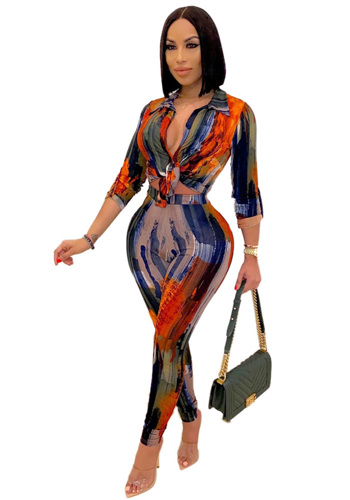 Women Turndown Collar Long Sleeve Printed Casual Two-piece Set