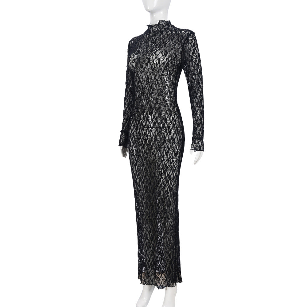 Autumn And Winter Sexy Long Sleeve Round Neck See-Through Lacemesh Women Long Dress 7