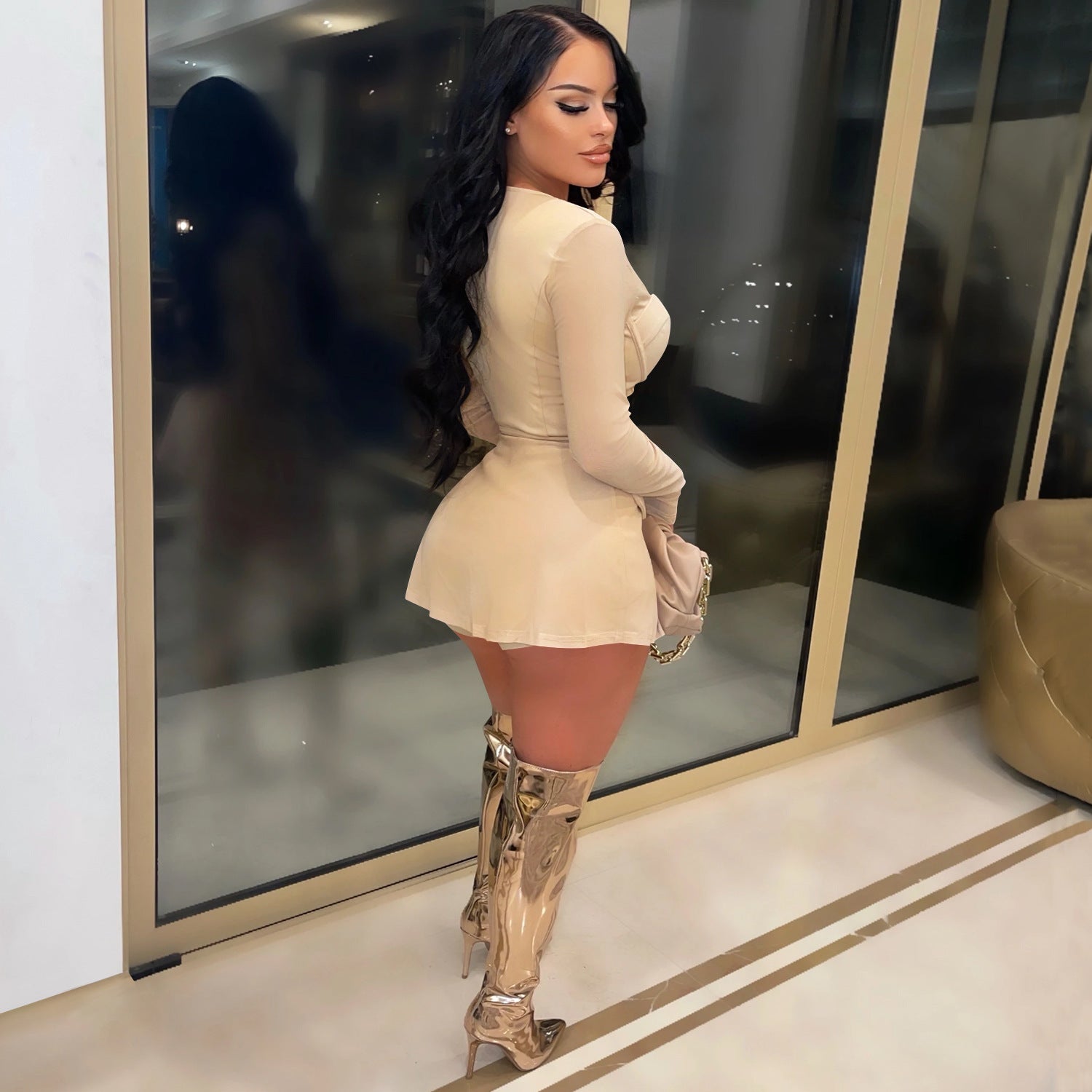 Women Mesh See-Through Long-Sleeved Top and Shorts Two-Piece Set 16