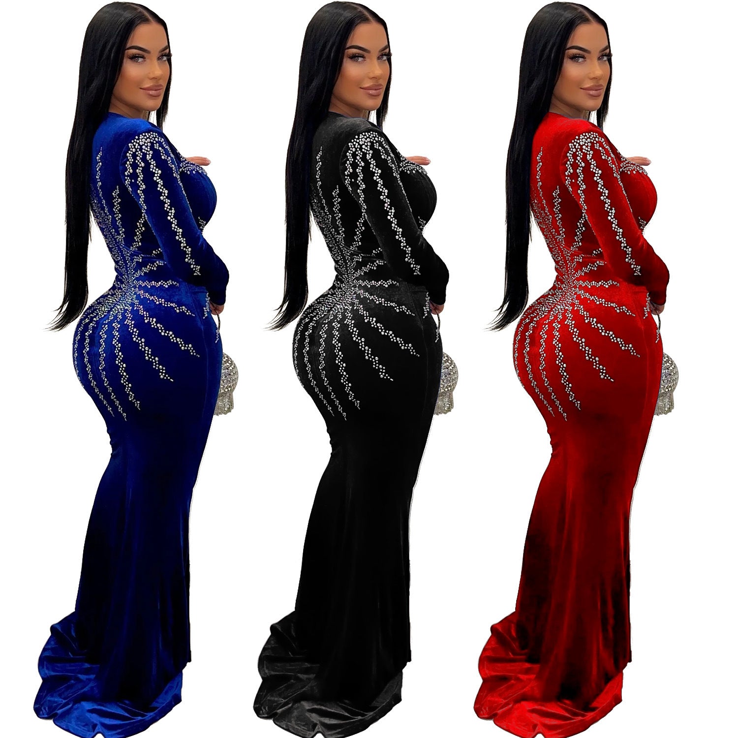 Women Sexy Party Long Sleeve Beaded Fishtail Dress 9