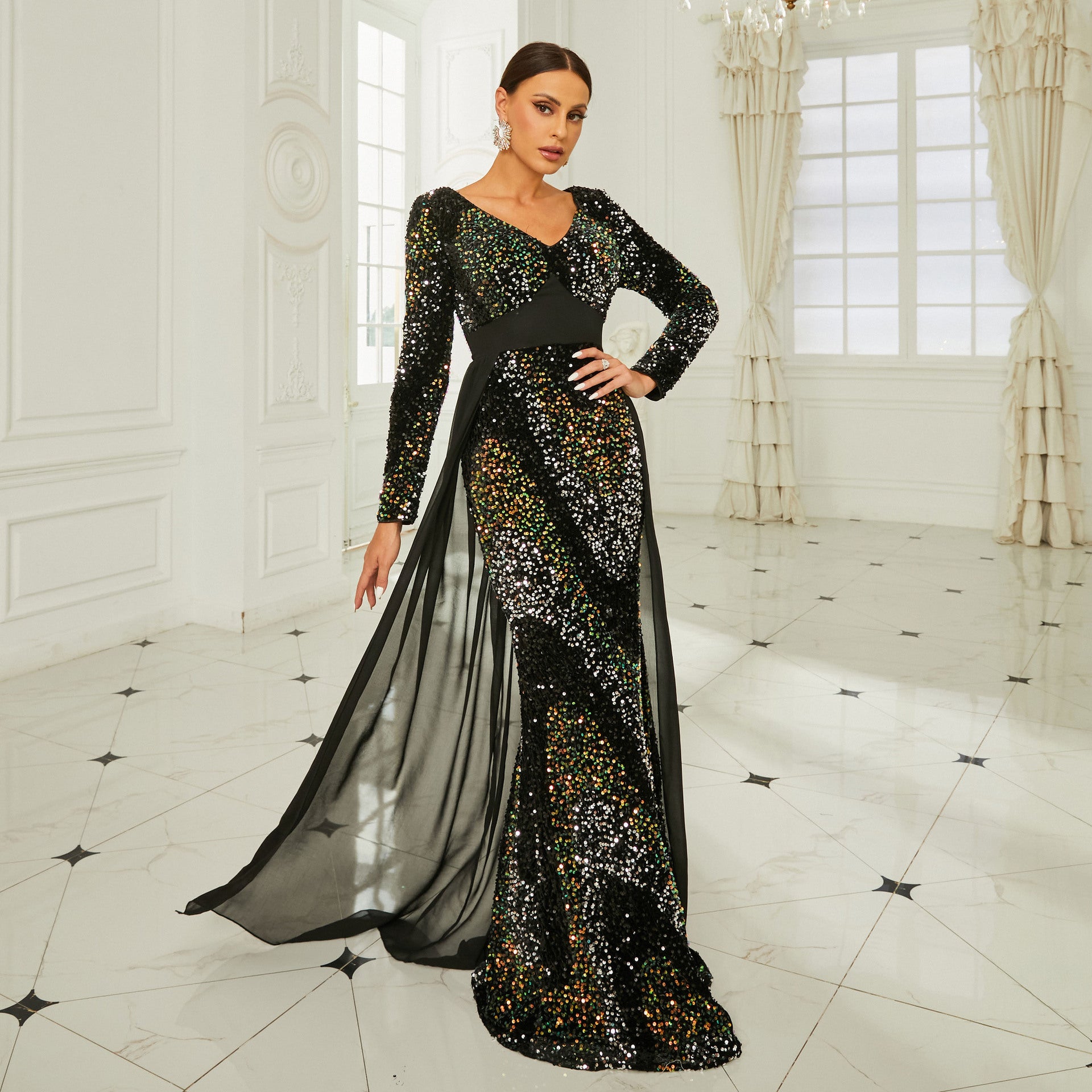 Long Sleeve V Neck Sexy Sequin Formal Party Evening Gown Long Bridesmaid Dress 3