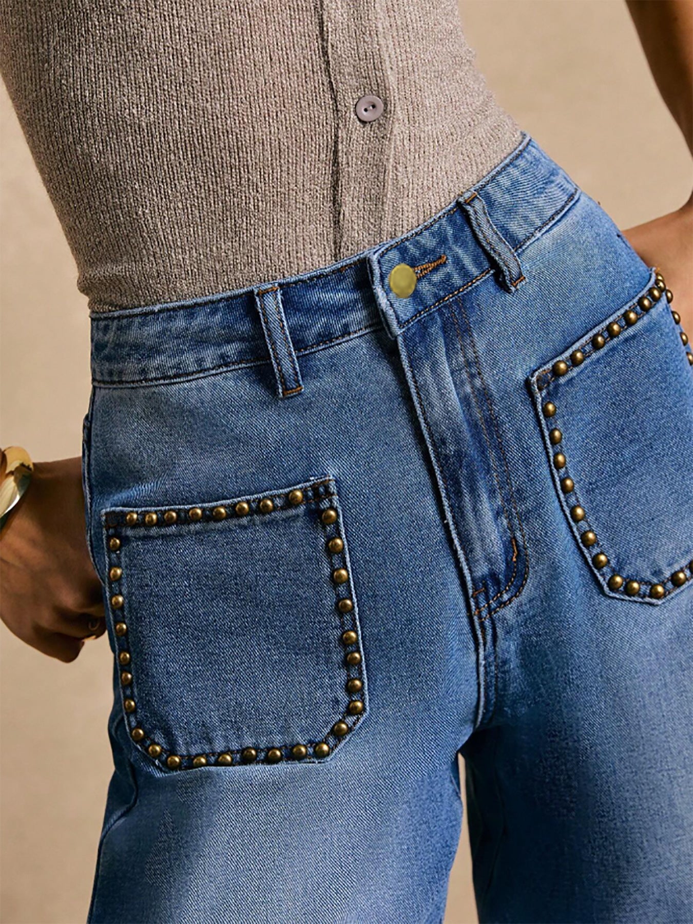 Women Riveted Pocket Washed Denim Pants 6