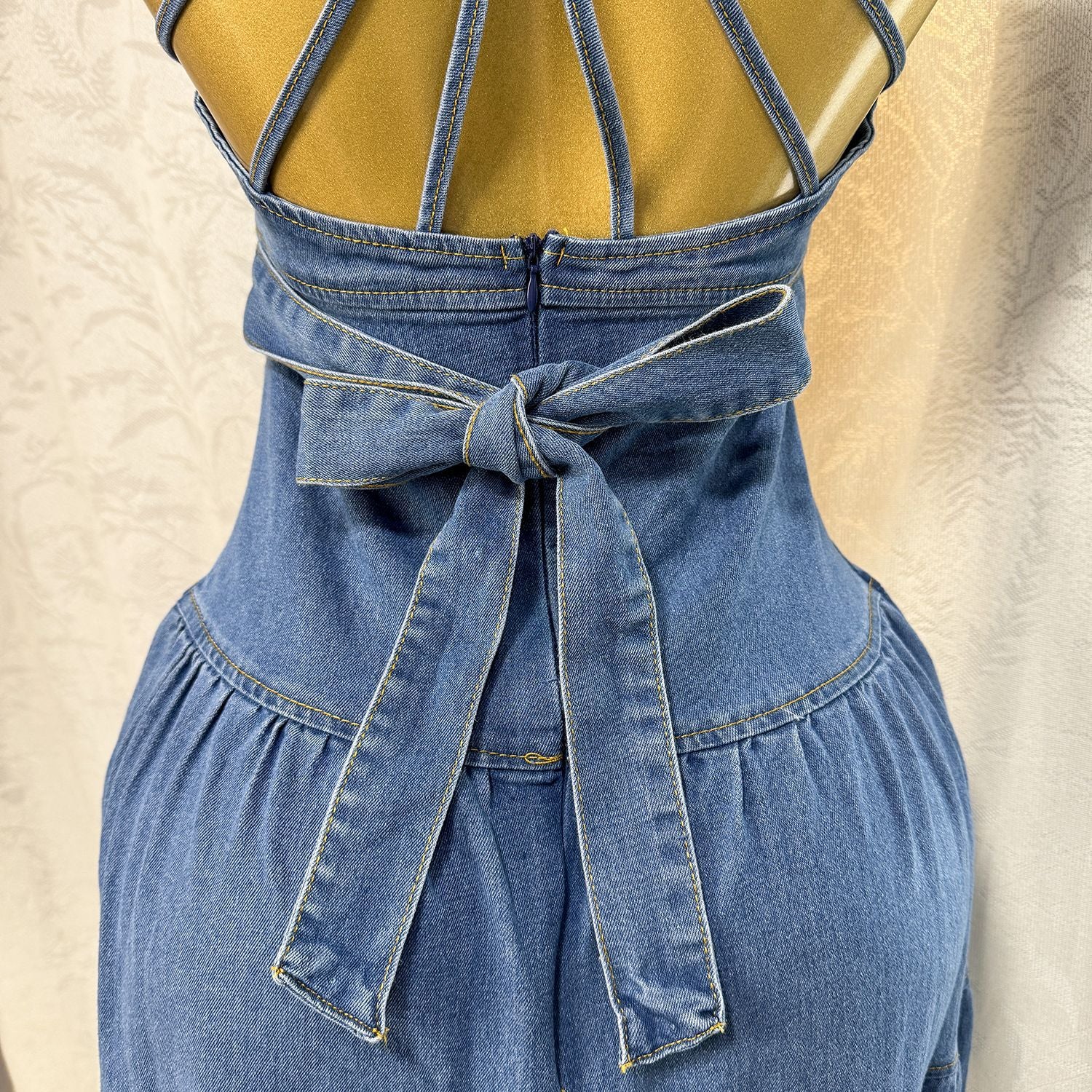 Women's Summer Sexy Fashion V neck Strap Low Back Lace Up Denim Long Dress 13