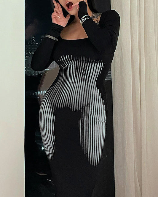 Women Autumn Square Neck Long Sleeve High Waist Slim Long Dress 5