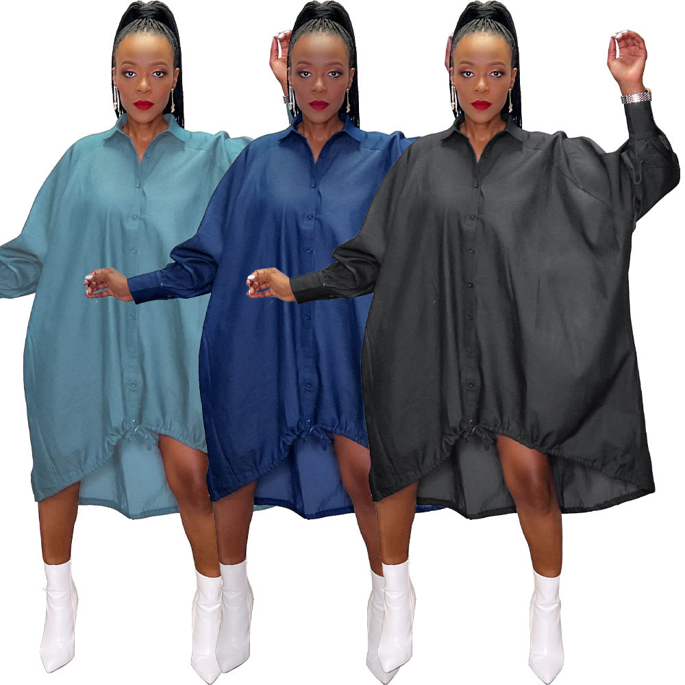 Women Turn Down Long Sleeve Loose Denim Dress 8