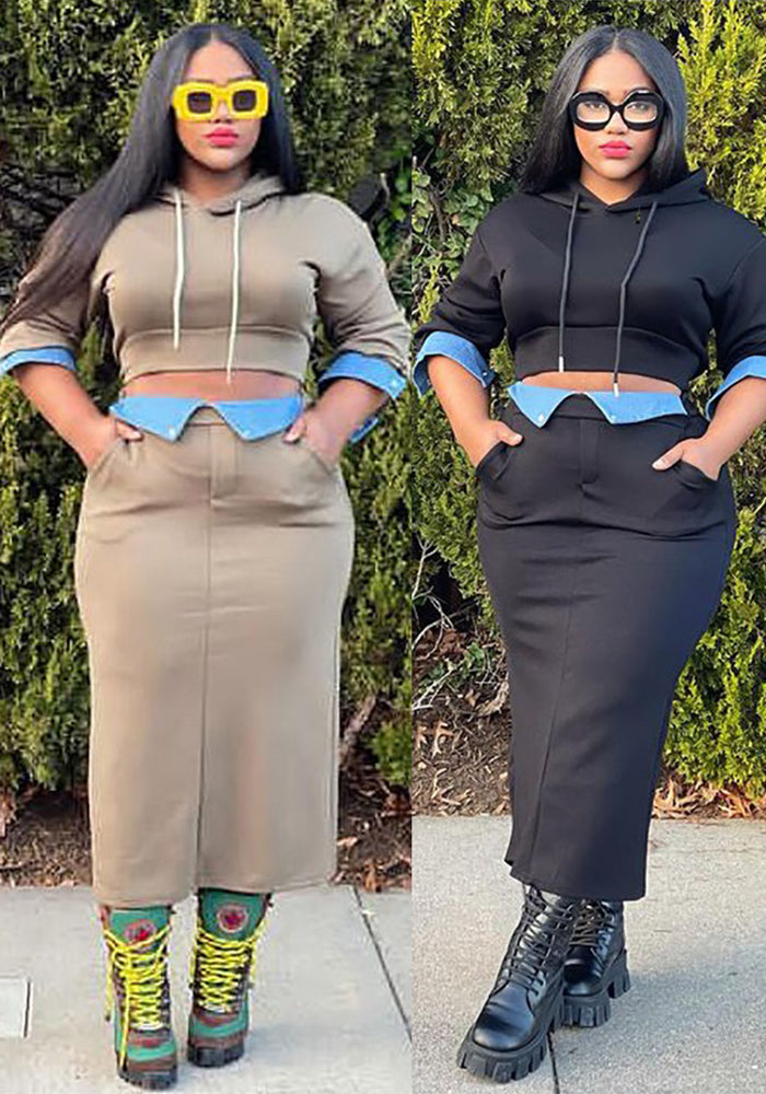 Women Winter Casual Long Sleeve Hoodies and Denim Patchwork Slit Skirt Two-piece Set