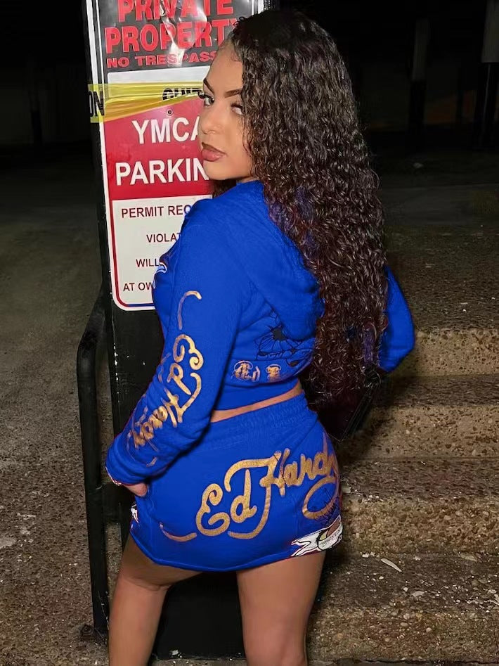 Spring Women's Fashion Positioning Print Hooded Casual Two Piece Skirt Set 13