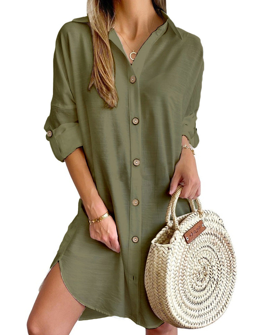 Autumn Casual Long Sleeve Turndown Collar Button Shirt Dress For Women 4