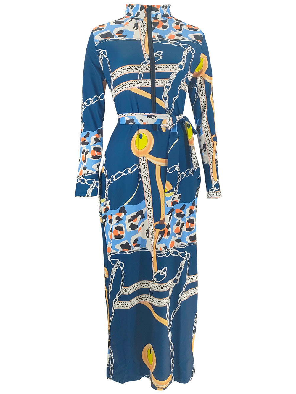 Women's Zipper Printed Long Sleeve Slim Dress With Belt 13