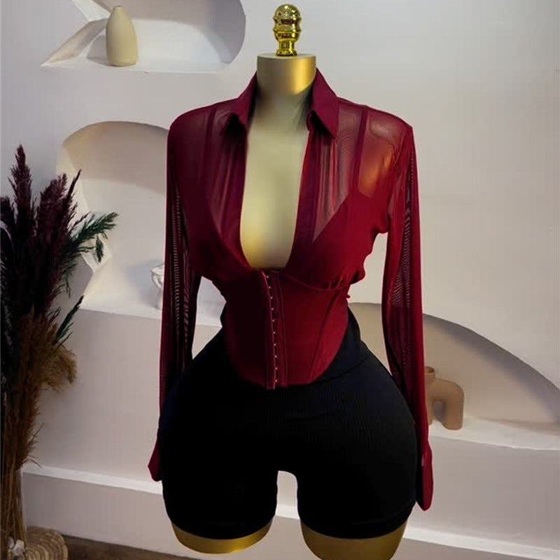 Summer Chic Turn-Down Collar Slim Waist Mesh Patchwork Long-Sleeve Shirt 5