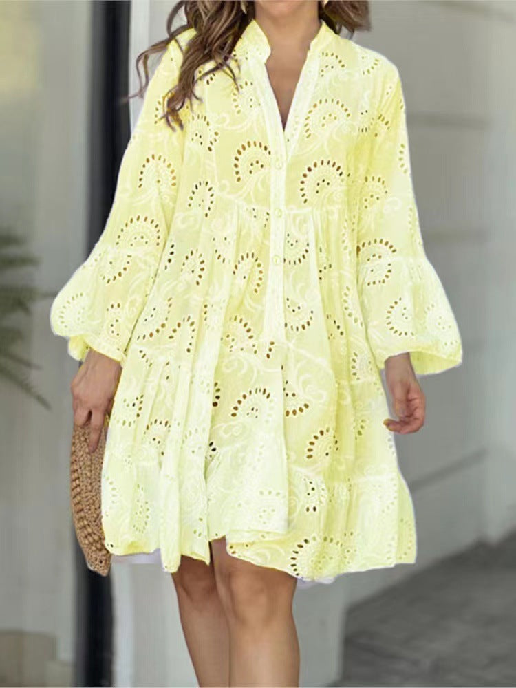 Spring And Summer Solid Color V-Neck Loose Embroidered Hollow Lace Dress 11