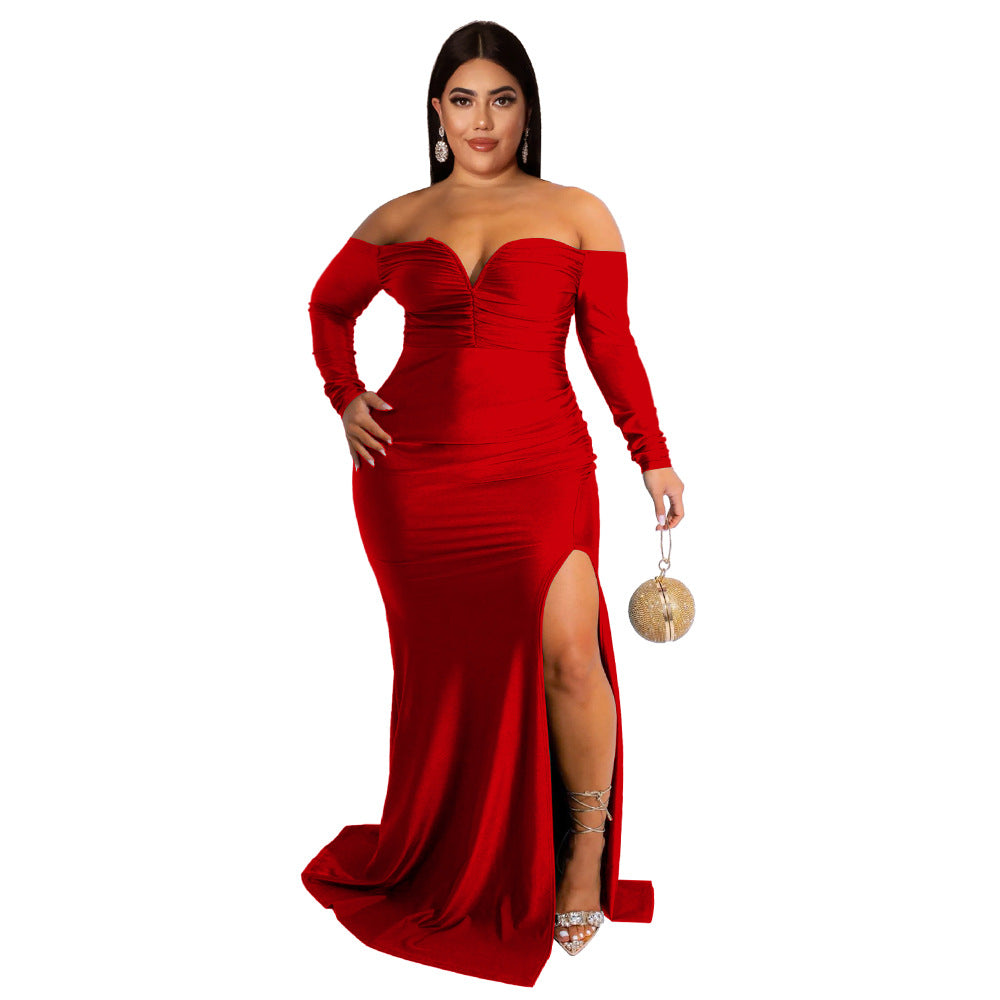 Autumn And Winter Plus Size Women'S Sexy Dress V Neck Solid Color Split Long Nightclub Dress 6