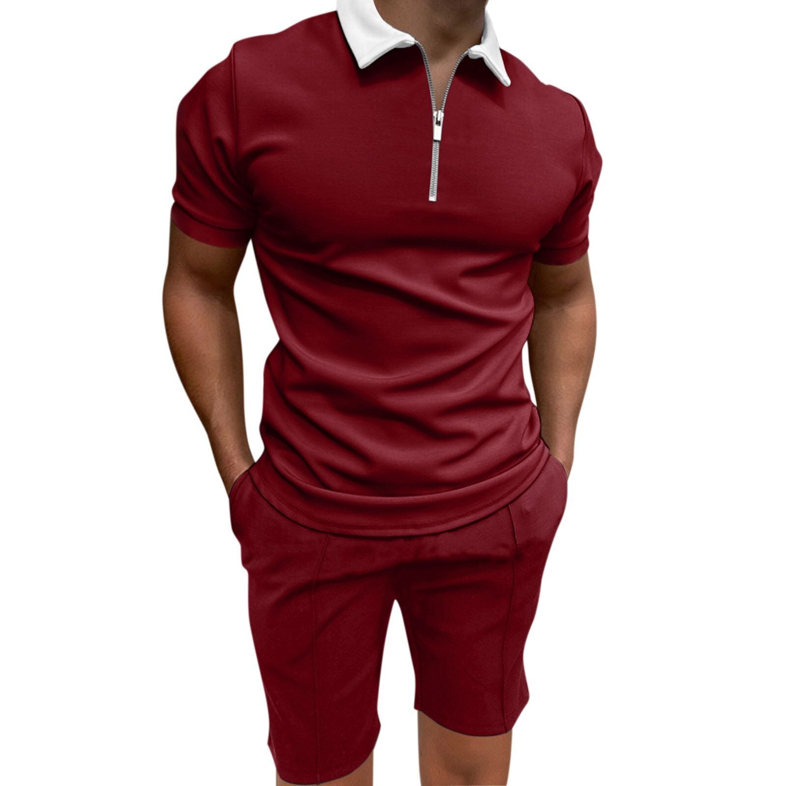 Men's Short Sleeve Printed Zip Turndown Collar polo T-shirt 20