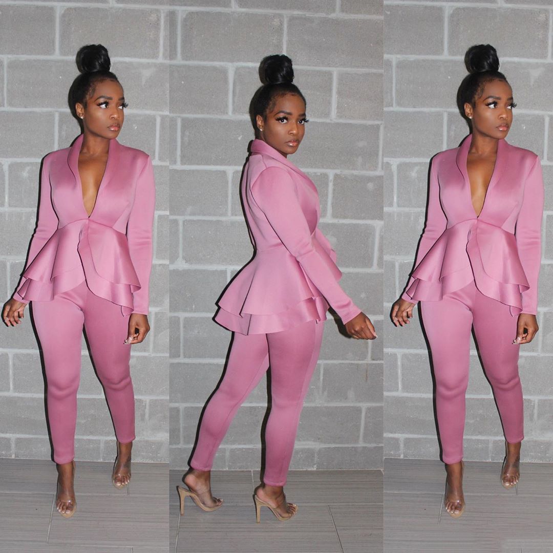 Sexy Women's Solid Color V-Neck Two-Piece Pants Set 6