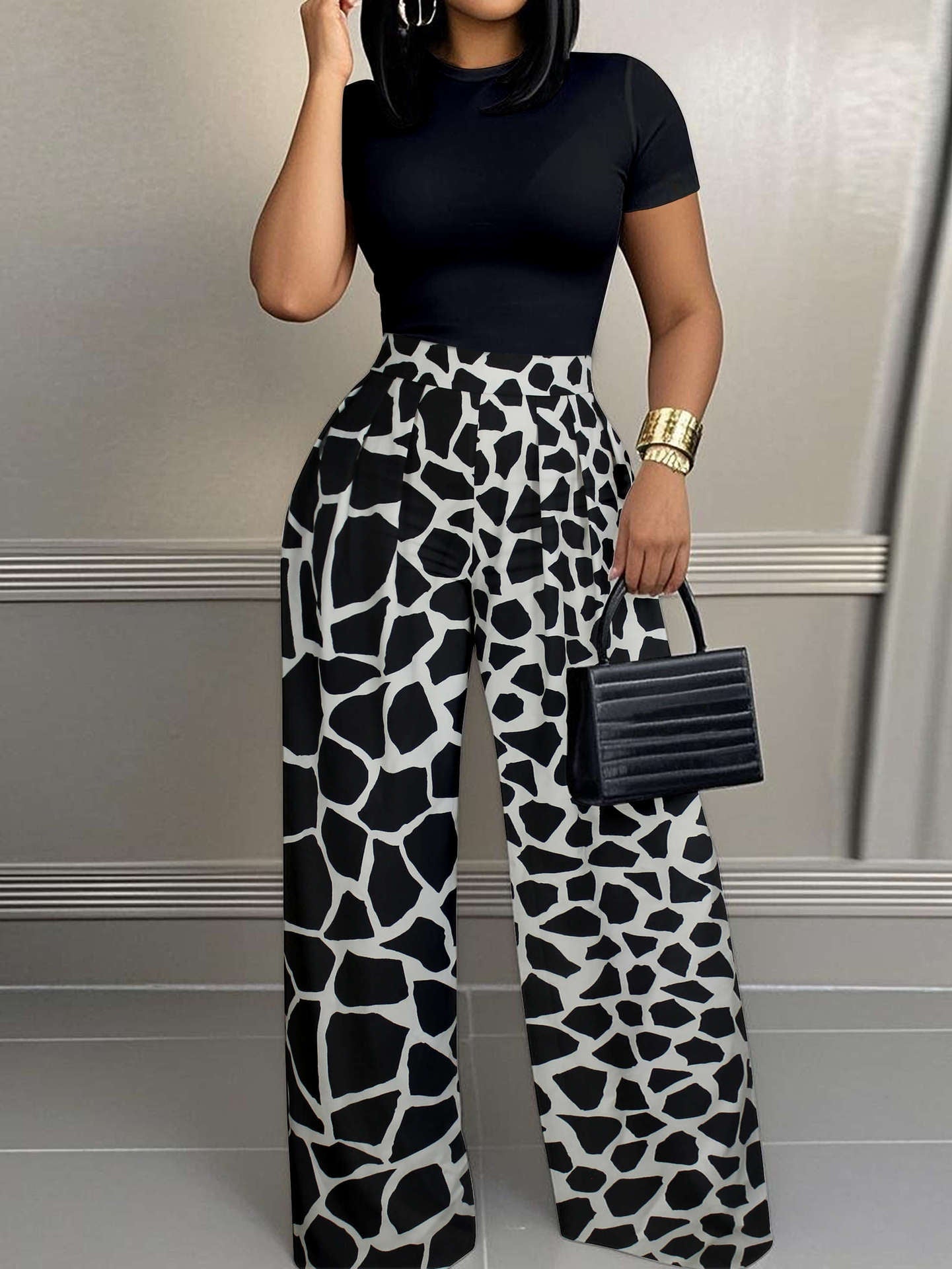 Women's Elegant Round-Neck Short-Sleeve High-Waist A-Line Trousers Casual Two Piece Set 7