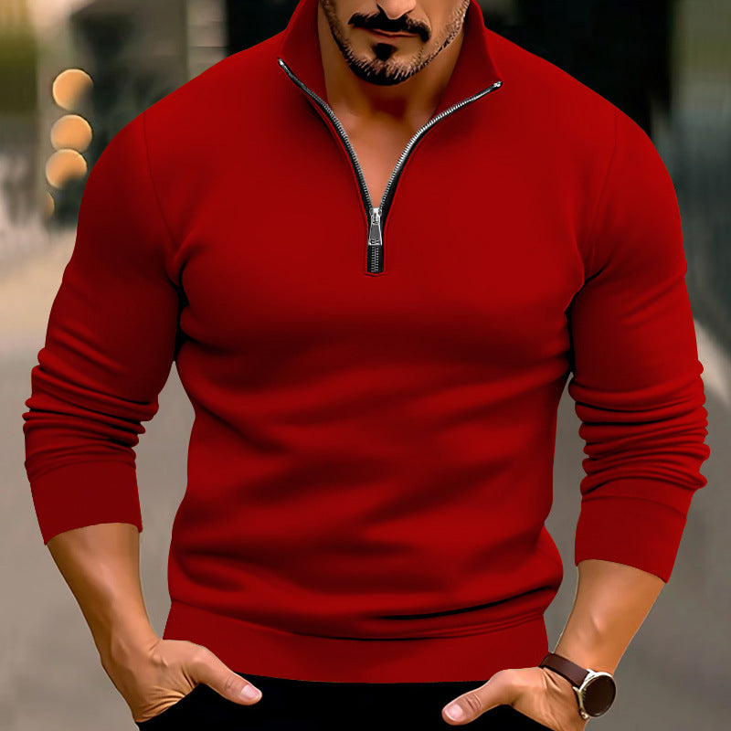 Spring And Winter Men's Casual Solid Color Long-Sleeved Zip Stand Collar T-Shirt Tops For Men 4