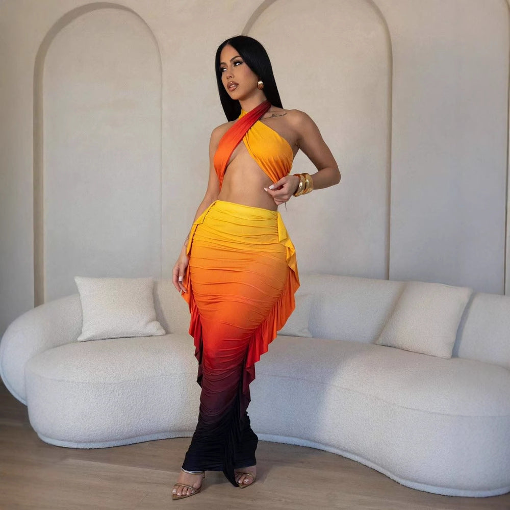 Women Gradient Print Pleated Crop Top and Skirt Two-Piece Set