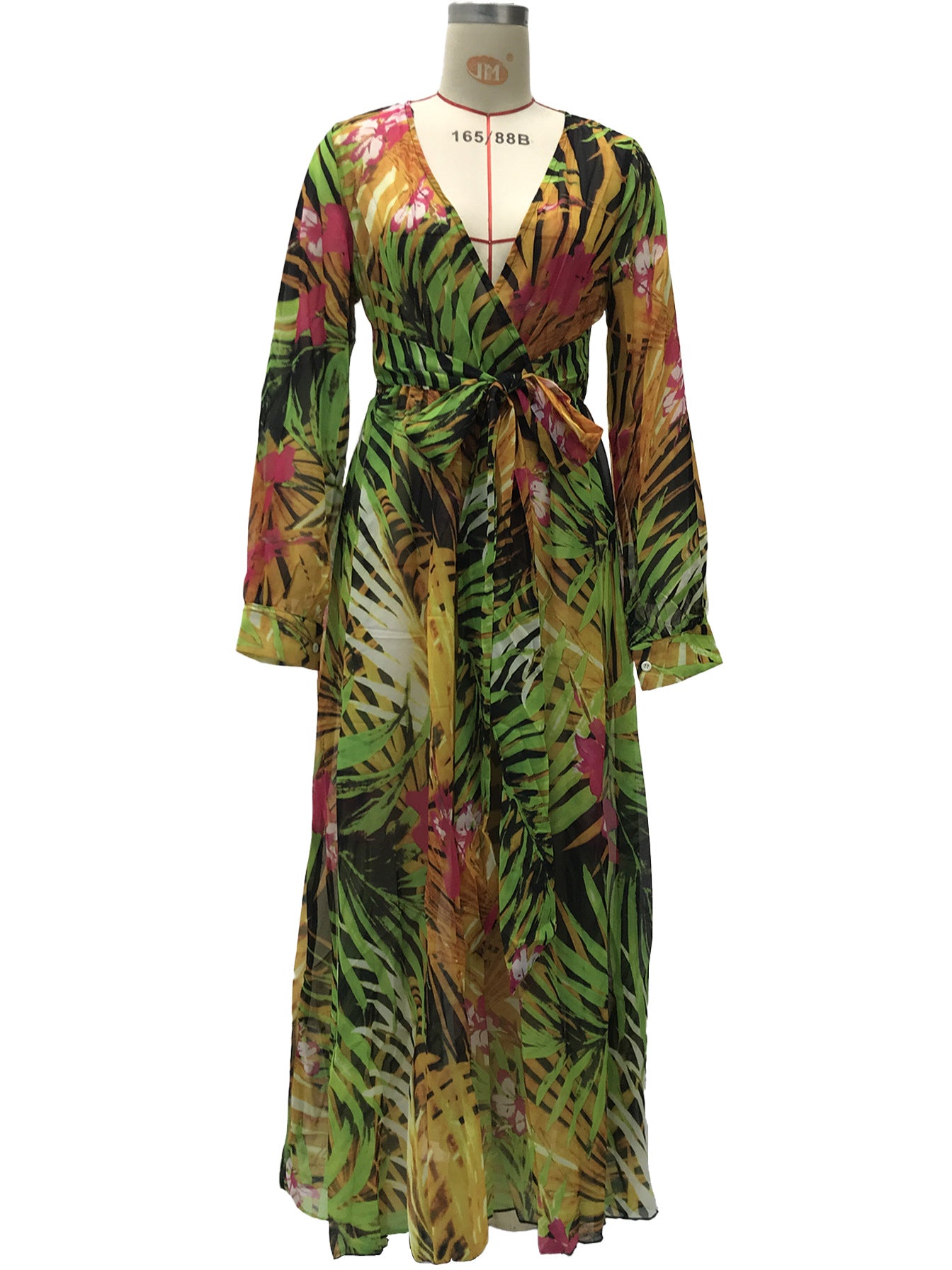 Summer Lantern Sleeve Sexy Deep V Neck Leaf Print Long Dress 12