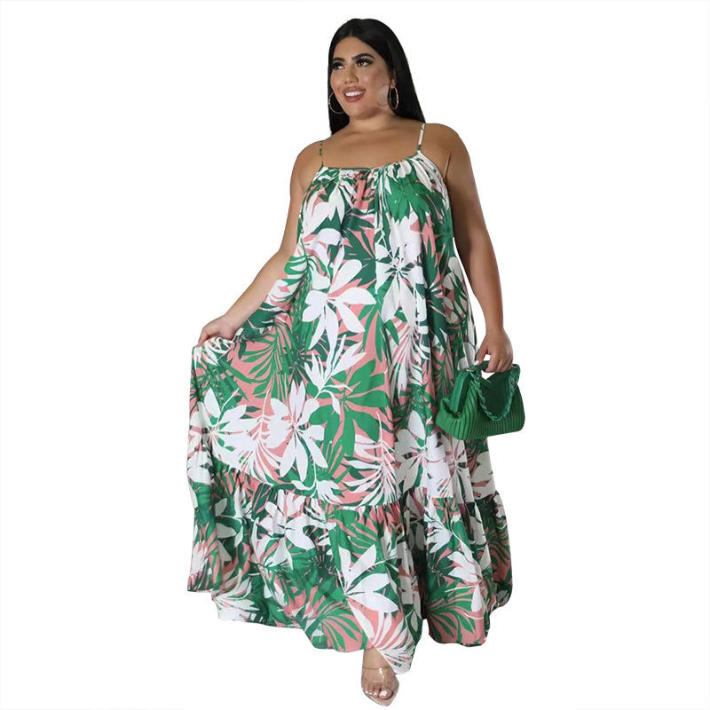 Summer Sexy  Plus Size Women'S Fashion Print Strap Long Maxi Dress 11