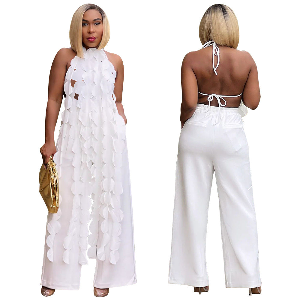 Women's Sexy Low Back Lace Up Long Top Wide Leg Pants Fashion Two Piece Suit