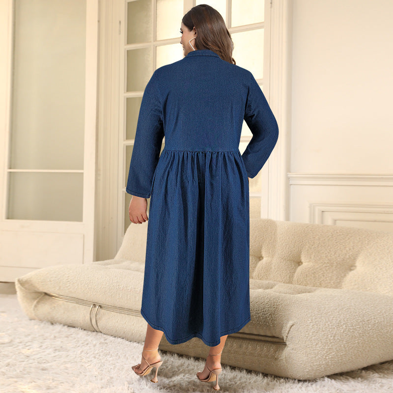 Plus Size Women's Denim Stand Collar Button Long Sleeve Long Dress 4