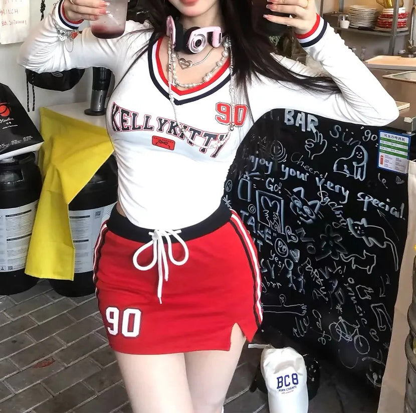 American women's autumn cheerleading sports Slim Fit top mini Bodycon skirt two piece set