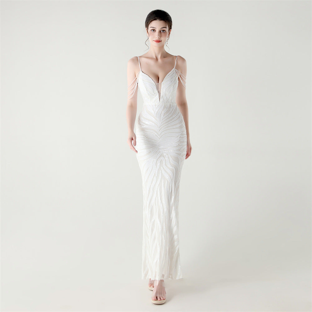 Women off-shoulder beaded sling V Neck Formal Party evening dress 13