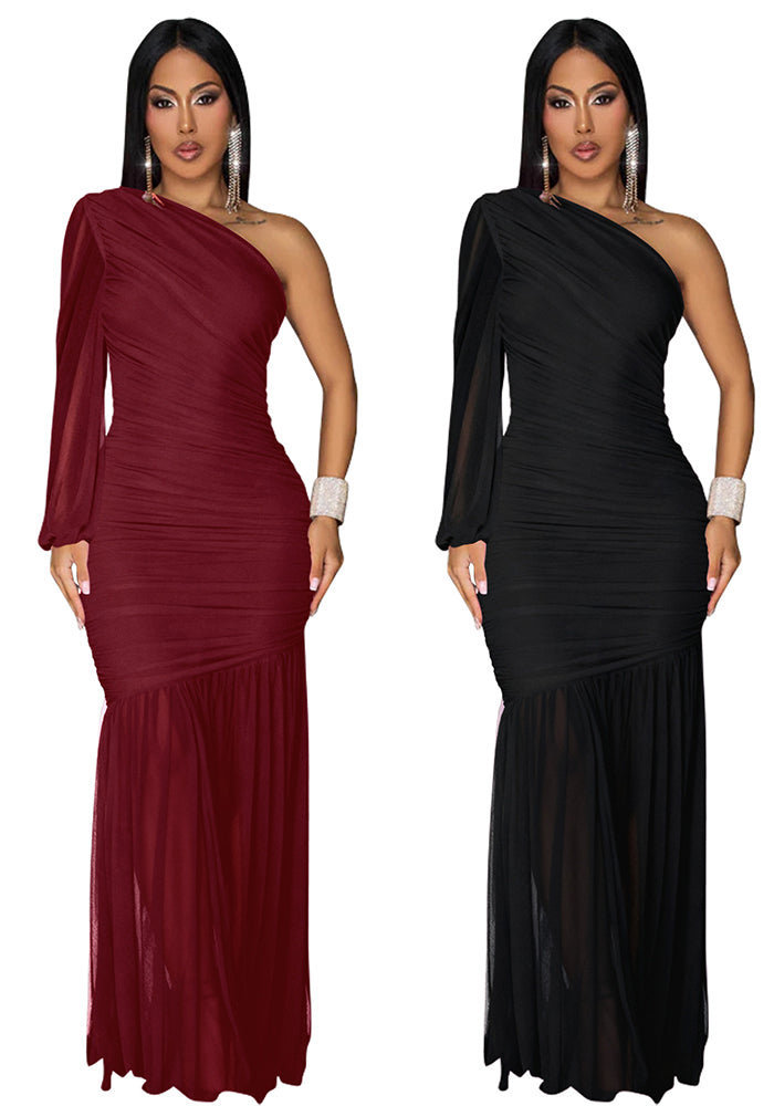 Women's Autumn Solid One-Shoulder Slash Shoulder Pleated Mesh Long Dress