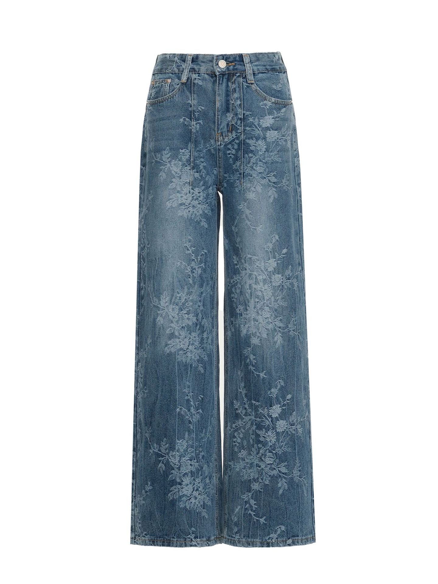Blue Jacquard Denim Pants Women Loose Wide Leg Straight Leg Trousers 8
