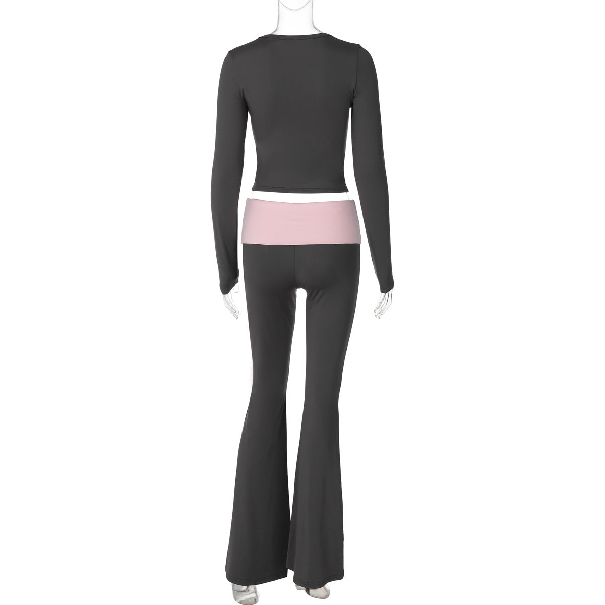 Women's Autumn And Winter Fashion Beaded Round Neck Long-Sleeved Top Contrast Color Bell Bottom Pants Two-Piece Set 6