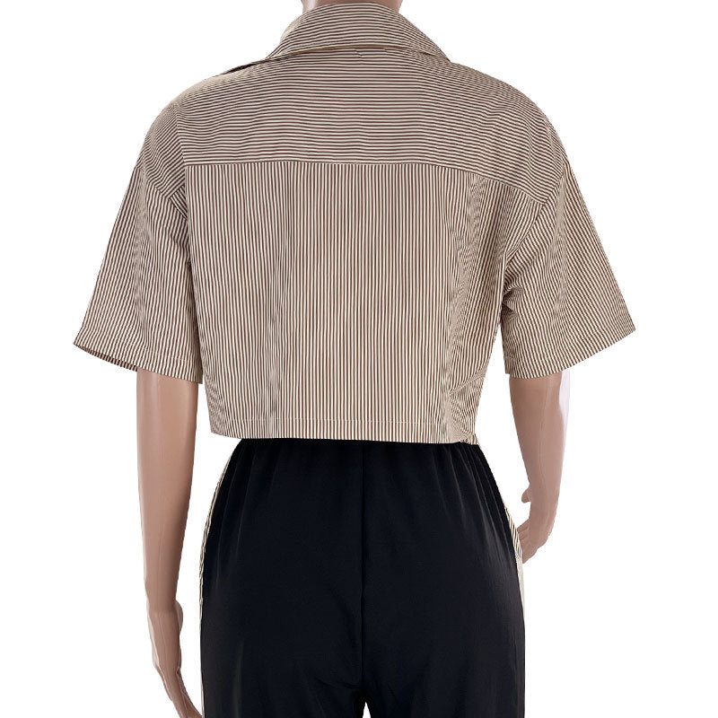 Women's Fashion Casual Summer Striped Shirt Top Loose Straight Pants Two Piece Set 12