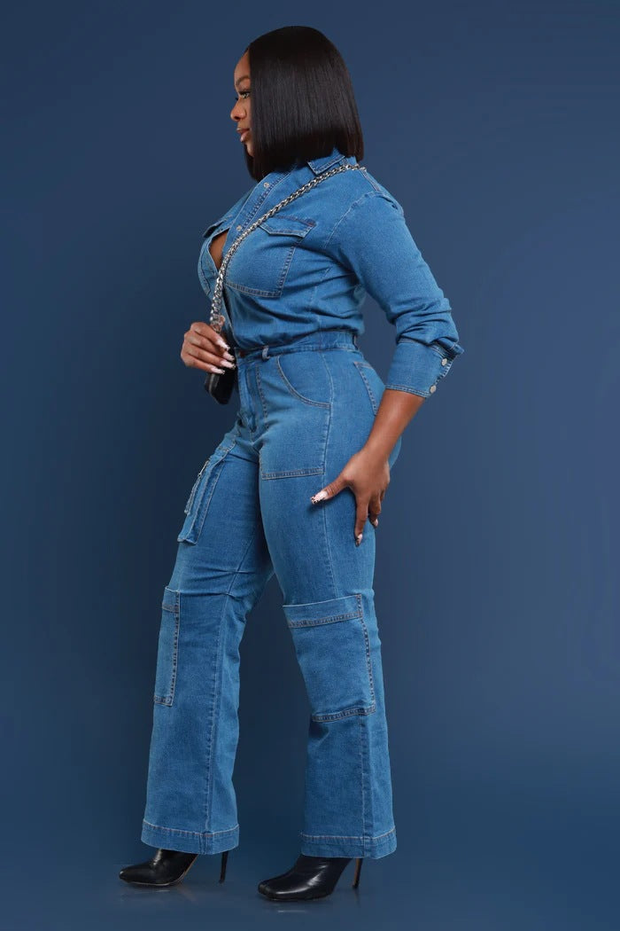 Women Stretchy long sleeve Cargo Denim Jumpsuit