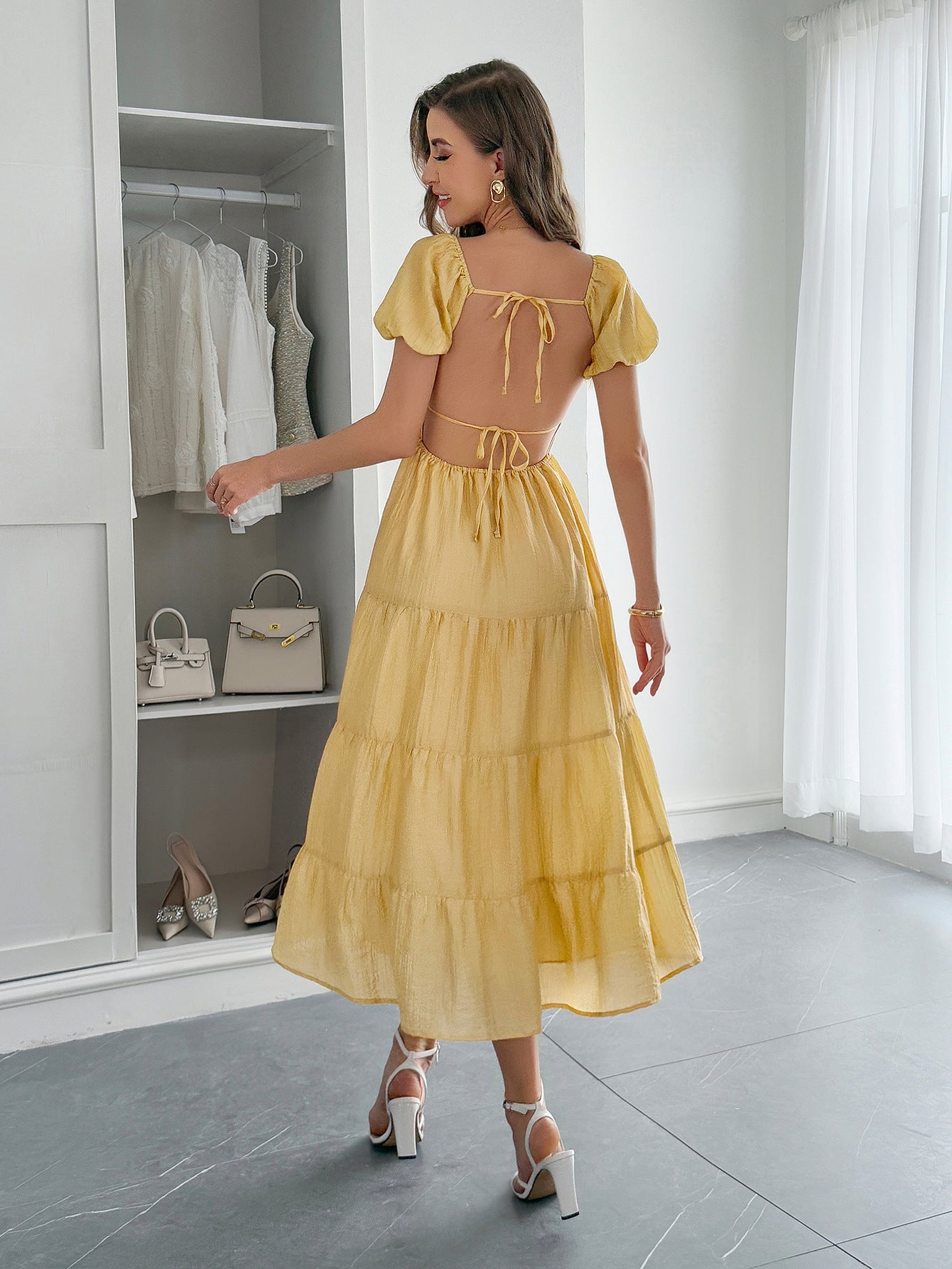 Spring-Summer Elegant Holiday Solid Short-Sleeve Maxi Dress for Women 12