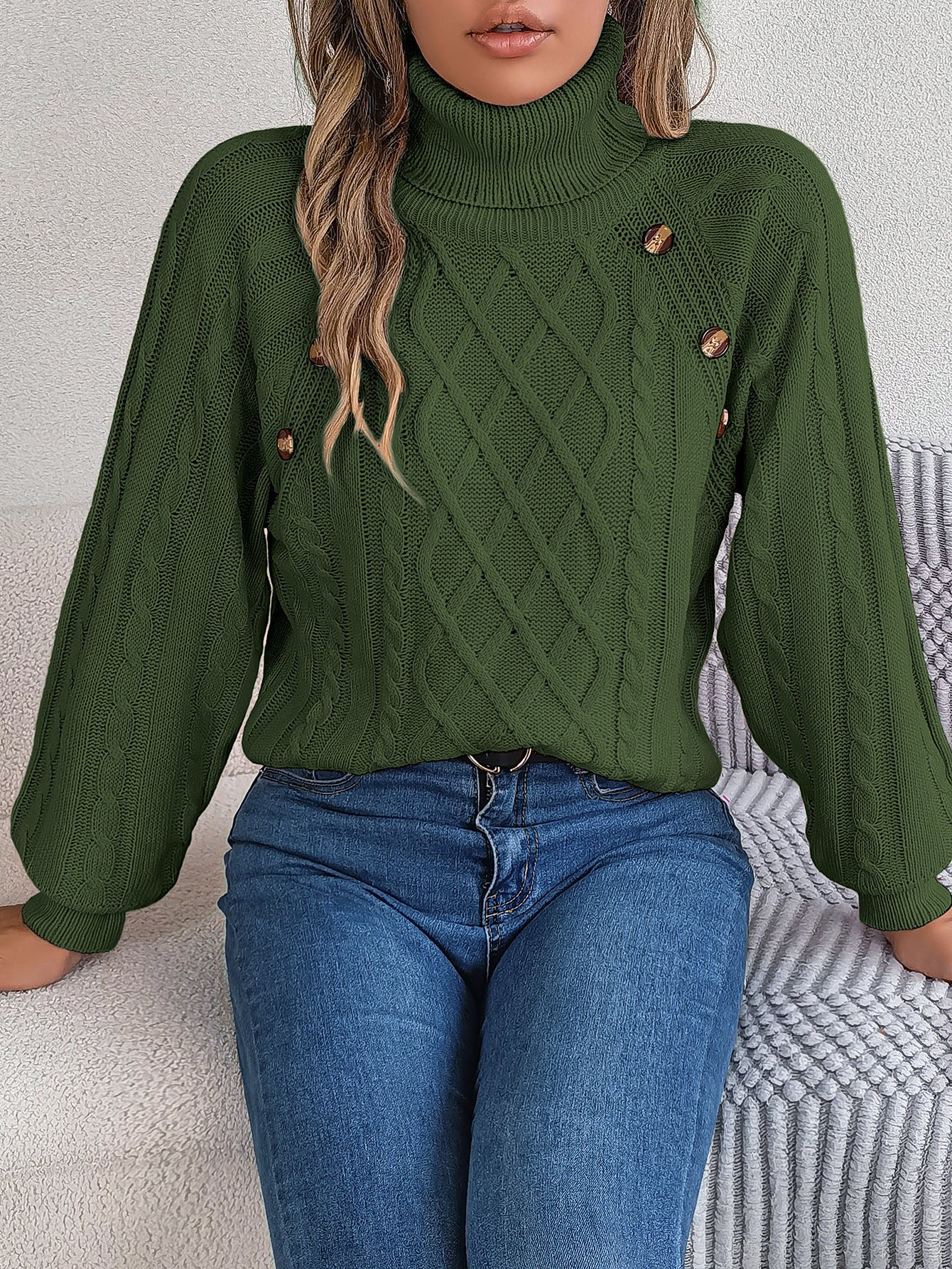 Autumn Winter Casual Solid Color Button Twisted High-Necked Long Sleeve Pullover Sweater Women's Clothing 7