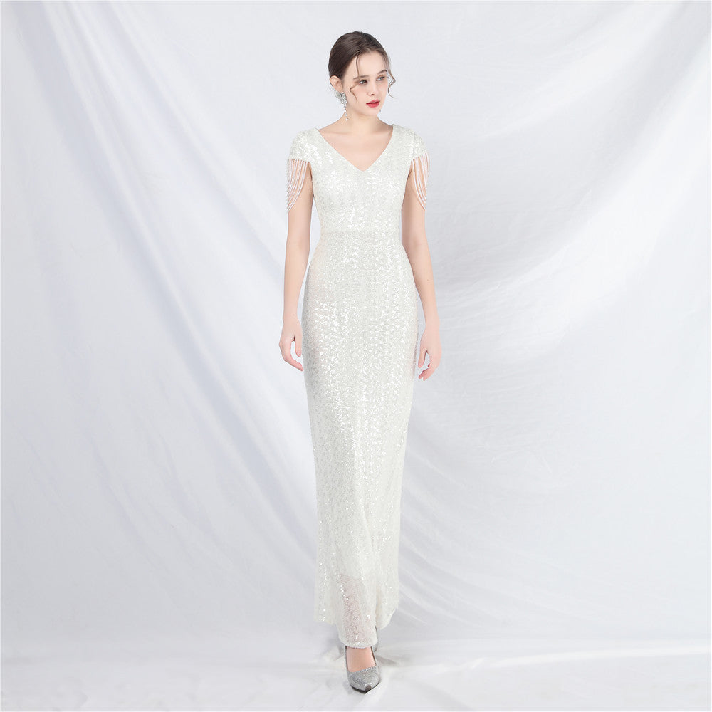 luxury beaded sequins long A-line evening dress 6