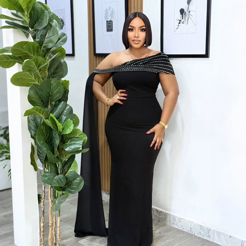 Women's Slash Shoulder Beaded Sexy Slim Fit Long Dress 7