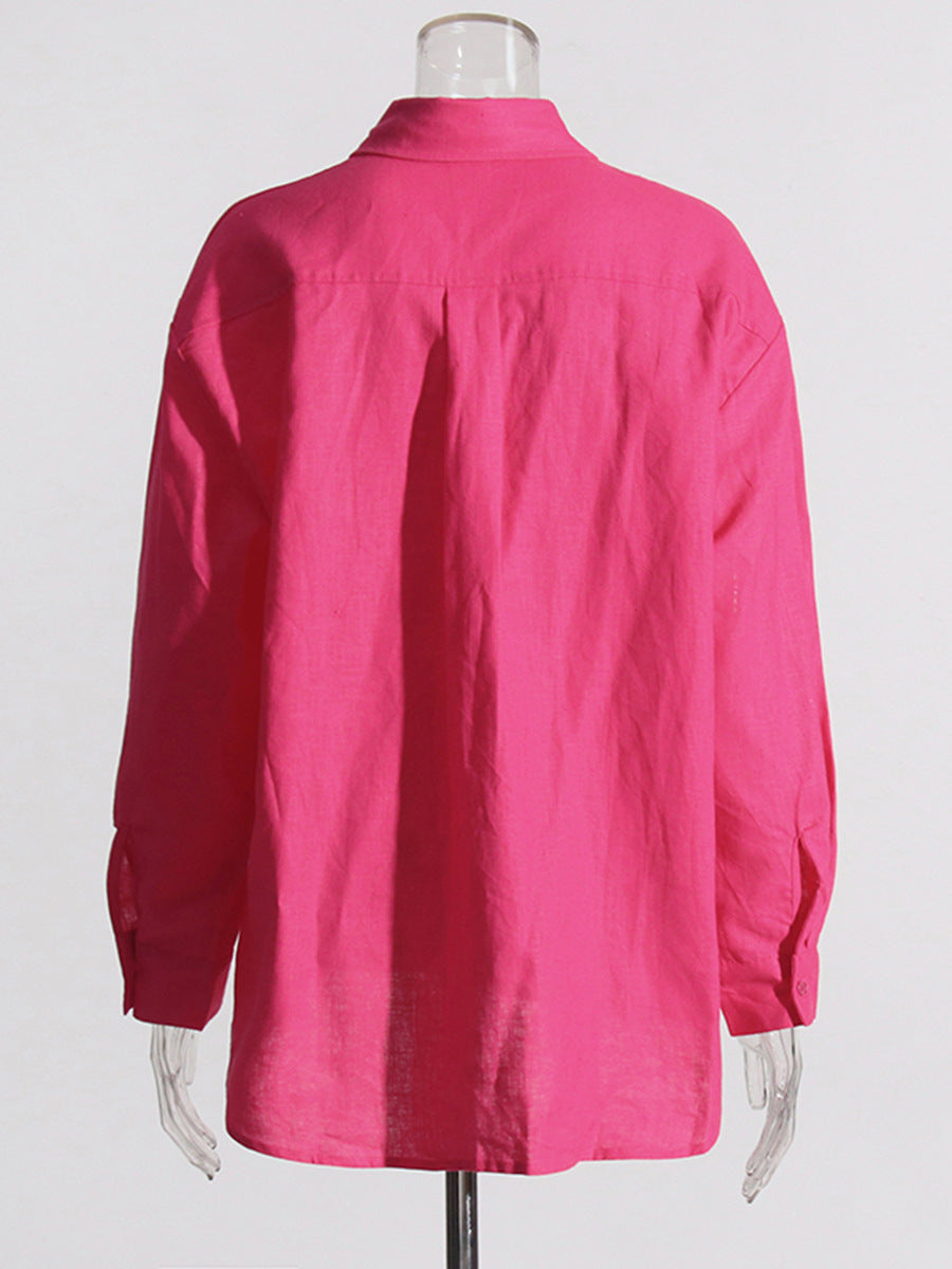 Women Turndown Collar long sleeve solid shirt Top and Casual shorts two-piece set 8