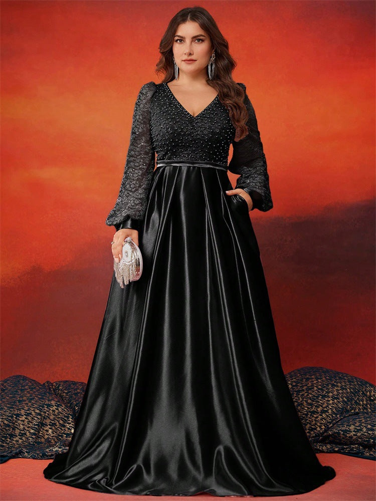 Plus Size Women Sequin Contrast Color Satin Long Sleeve V Neck Elegant Dinner Ball Evening Dress 3