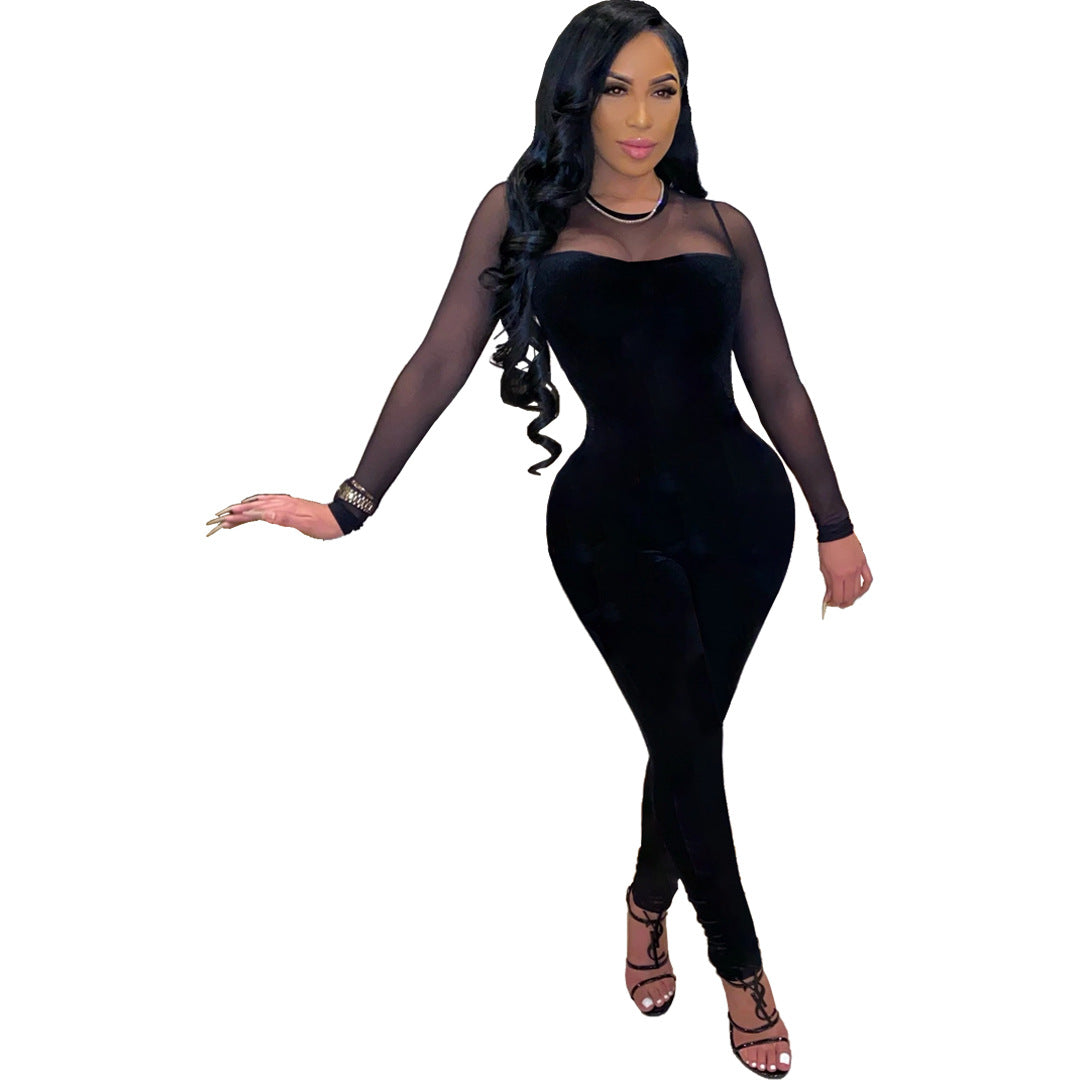 Women Sexy Solid Mesh Patchwork Zip Jumpsuit