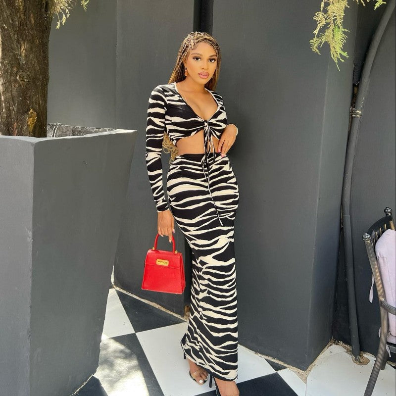 Fall Zebra Print Long Sleeve Tie Crop Top Slit Skirt Two Piece Set 3