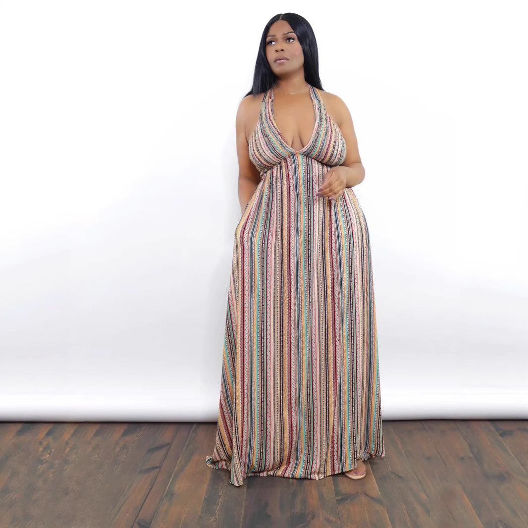 Women summer holidays stripe print lace-up open waist dress 3