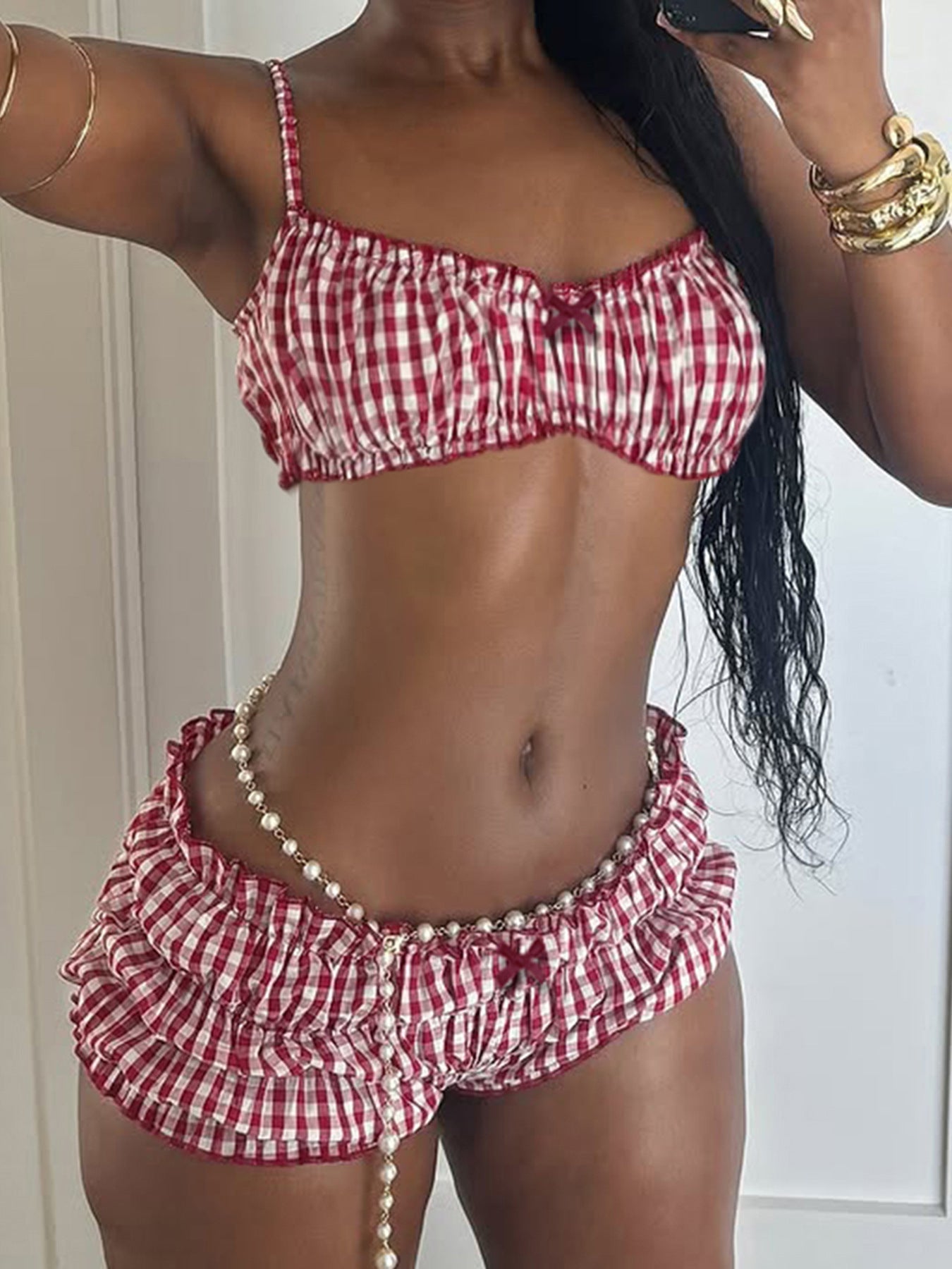 Women Summer Holidays Plaid Suspender Top Shorts Swimwear  Two-piece Set 7