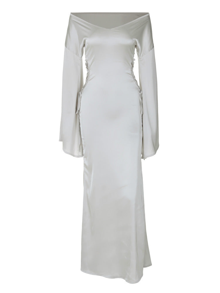 Women Autumn and Winter Tie Hollow Off Shoulder Loose Long Sleeve Dress 7