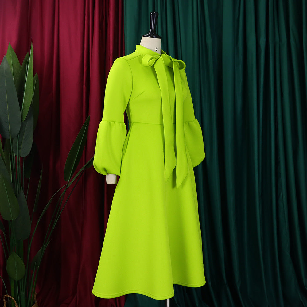 Women's Puff Sleeve Bow Tied High Waist A-Line Party Dress 24