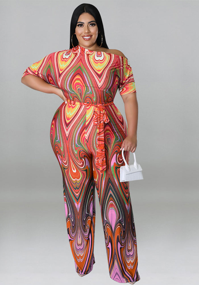 Plus Size Women's Summer Slash Shoulder Print Short Sleeve Wide Leg Jumpsuit